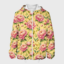 Куртка с капюшоном мужская Крупные пионы садовые цветы бутоны паттерн, цвет: 3D-белый