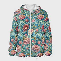 Куртка с капюшоном мужская Пионы паттерном садовые крупные цветы, цвет: 3D-белый