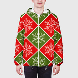 Куртка с капюшоном мужская Рождественский паттерн со снежинками в ромбах, цвет: 3D-белый — фото 2