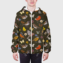 Куртка с капюшоном мужская Птицы и бабочки с цветами паттерн, цвет: 3D-белый — фото 2