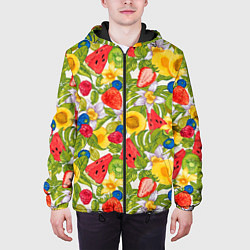 Куртка с капюшоном мужская Фрукты на цветочном фоне, цвет: 3D-черный — фото 2