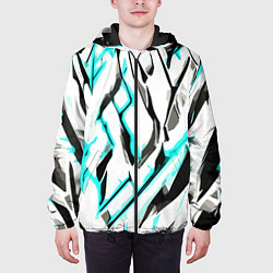 Куртка с капюшоном мужская Чёрно-голубые агрессивные полосы на белом фоне, цвет: 3D-черный — фото 2