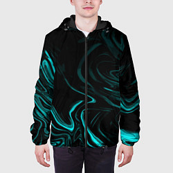 Куртка с капюшоном мужская Чёрный с бирюзовыми разводами абстракция, цвет: 3D-черный — фото 2