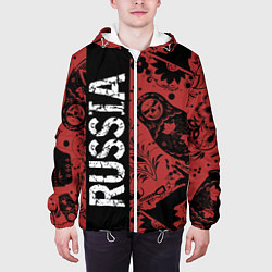 Куртка с капюшоном мужская Россия на фоне матрёшек балалайки и славянских узо, цвет: 3D-белый — фото 2