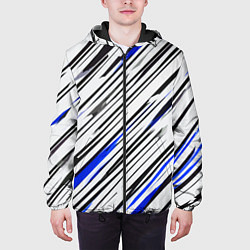 Куртка с капюшоном мужская Диагональные чёрно-синие полосы на белом фоне, цвет: 3D-черный — фото 2