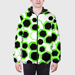 Куртка с капюшоном мужская Чёрно-зелёные шестиугольники на белом фоне, цвет: 3D-черный — фото 2
