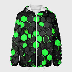 Куртка с капюшоном мужская Зелёно-серые шестиугольники на чёрном фоне, цвет: 3D-белый