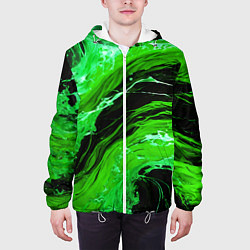 Куртка с капюшоном мужская Зелёные брызги на чёрном фоне, цвет: 3D-белый — фото 2