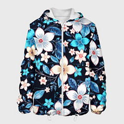 Куртка с капюшоном мужская Сине-белые цветы на чёрном фоне, цвет: 3D-белый