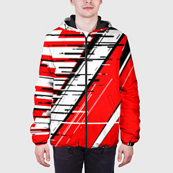 Куртка с капюшоном мужская Чёрно-белые глитч полосы на красном фоне, цвет: 3D-черный — фото 2