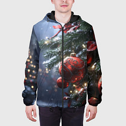 Куртка с капюшоном мужская Красные новогодние шары с узорами, цвет: 3D-черный — фото 2