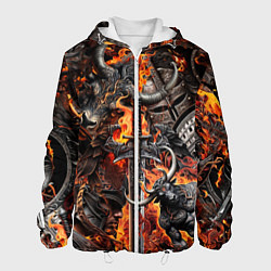 Куртка с капюшоном мужская Гладиатор и минотавр на фоне огня мечей и щитов, цвет: 3D-белый