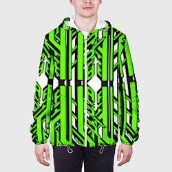 Куртка с капюшоном мужская Чёрно-зелёные техно полосы на белом фоне, цвет: 3D-белый — фото 2