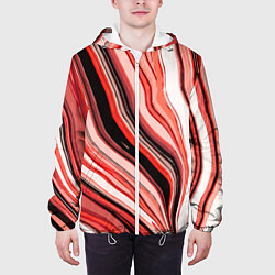 Куртка с капюшоном мужская Волнистые вертикальные чёрно-красные полосы, цвет: 3D-белый — фото 2
