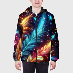 Куртка с капюшоном мужская Неоновые разноцветные перья, цвет: 3D-черный — фото 2