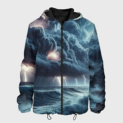 Куртка с капюшоном мужская Шторм на море - сверкание молний, цвет: 3D-черный