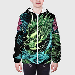 Куртка с капюшоном мужская Ирезуми - неоновый японский дракон, цвет: 3D-белый — фото 2