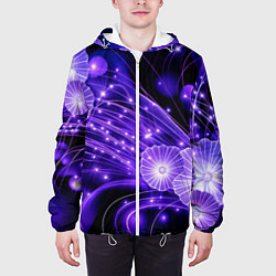 Куртка с капюшоном мужская Силуэты цветов на темном фоне - фиолетовое свечени, цвет: 3D-белый — фото 2