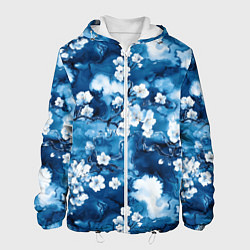 Куртка с капюшоном мужская Цветы белой сакуры - паттерн на синем фоне, цвет: 3D-белый