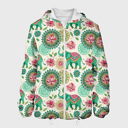 Куртка с капюшоном мужская Слоны и мандалы паттерн в индийской стилистике, цвет: 3D-белый