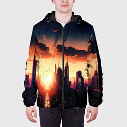 Куртка с капюшоном мужская Пейзаж город будущего закат, цвет: 3D-черный — фото 2