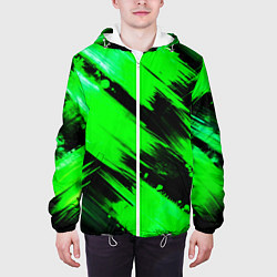 Куртка с капюшоном мужская Зеленые мазки краски на черном, цвет: 3D-белый — фото 2