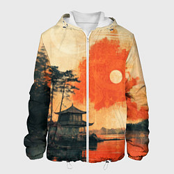 Куртка с капюшоном мужская Рыбацкий дом на закате, цвет: 3D-белый