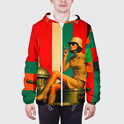 Куртка с капюшоном мужская Милитари девушка на оружейной башне ретрофутуризм, цвет: 3D-белый — фото 2