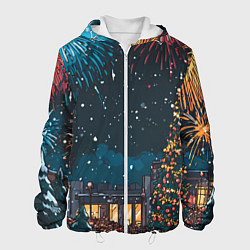 Куртка с капюшоном мужская Новогодний салют, цвет: 3D-белый