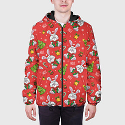 Куртка с капюшоном мужская Новогодний паттерн с зайчиком, цвет: 3D-черный — фото 2