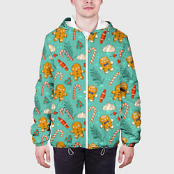 Куртка с капюшоном мужская Новогодний паттерн печенье с конфетами, цвет: 3D-белый — фото 2