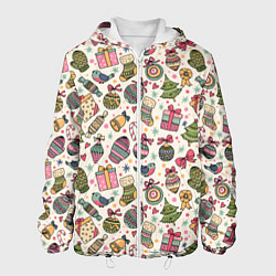 Куртка с капюшоном мужская Новогодний паттерн, цвет: 3D-белый