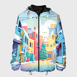 Куртка с капюшоном мужская Разноцветный новогодний дворик, цвет: 3D-черный