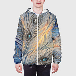 Куртка с капюшоном мужская Синие перья с самоцветами, цвет: 3D-белый — фото 2