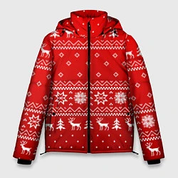 Куртка зимняя мужская Красный узор с оленями, цвет: 3D-черный