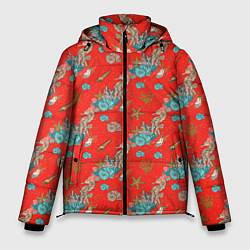 Куртка зимняя мужская Морские коньки паттерн, цвет: 3D-красный