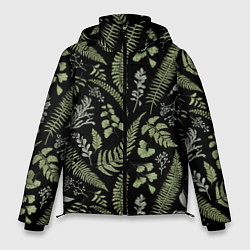 Мужская зимняя куртка Зелёные листья папоротника на черном фоне