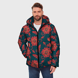 Куртка зимняя мужская Red flowers texture, цвет: 3D-черный — фото 2