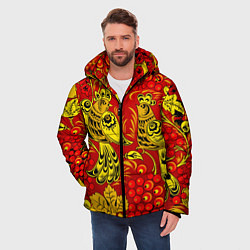 Куртка зимняя мужская Хохломская Роспись Две Птици На Красном Фоне, цвет: 3D-черный — фото 2