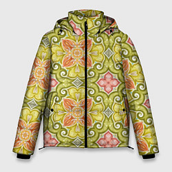 Куртка зимняя мужская Зеленые узоры и оранжевые цветы, цвет: 3D-светло-серый