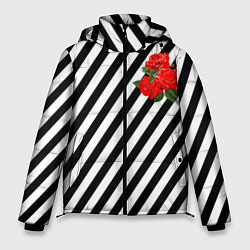 Куртка зимняя мужская Черно-белые полоски с букетом роз, цвет: 3D-красный