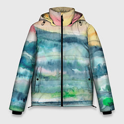 Куртка зимняя мужская Туманный рассвет в горах акварель, цвет: 3D-черный