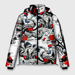 Куртка зимняя мужская Красные цветы и птицы, цвет: 3D-черный