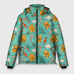 Куртка зимняя мужская Новогодний паттерн с печеньем и конфетами, цвет: 3D-черный