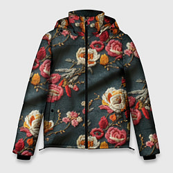 Куртка зимняя мужская Эффект вышивки разные цветы, цвет: 3D-черный