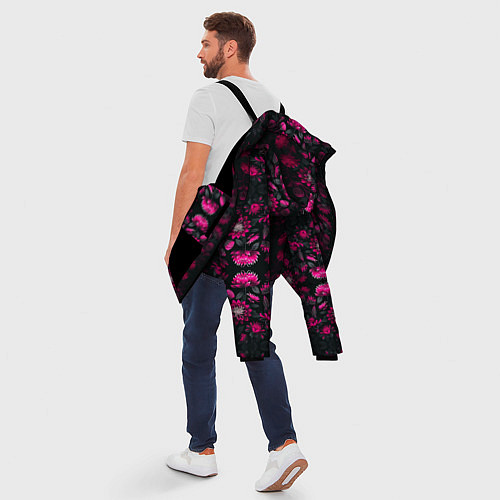 Мужская зимняя куртка Ярко-розовые неоновые лилии / 3D-Черный – фото 5