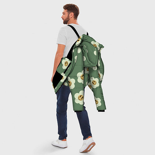 Мужская зимняя куртка Цветочки-смайлики: темно-зеленый паттерн / 3D-Черный – фото 5