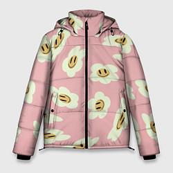 Куртка зимняя мужская Искаженные смайлы-цветы на розовом паттер, цвет: 3D-черный