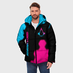 Куртка зимняя мужская Assassins Creed - neon gradient: надпись, символ, цвет: 3D-черный — фото 2