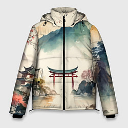 Куртка зимняя мужская Японский пейзаж - акварель, цвет: 3D-черный